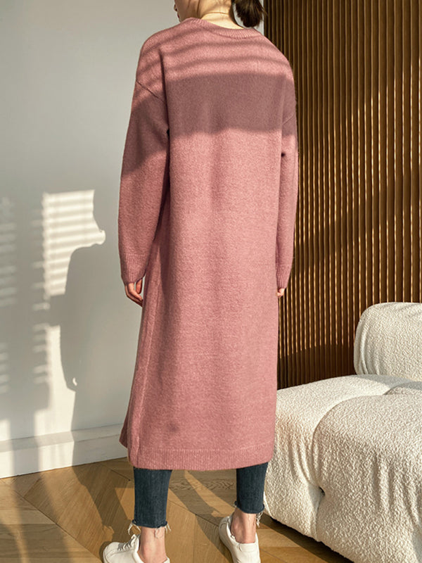 Loose Split-Side Solid Color Round-Neck Knitting Sweater Dresses