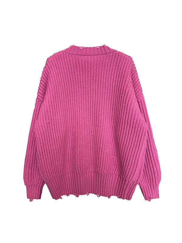 Hollow Solid Color Long Sleeves Loose V-Neck Sweater Tops Pullovers