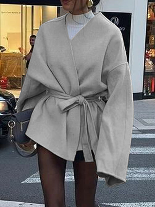 Solid Color Tied Waist Long Sleeves Loose V-Neck Outerwear
