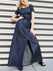 Pockets Split-front Split-Joint Zipper A-line Loose Round-neck Maxi Dresses