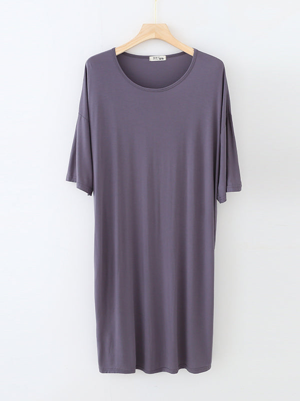 Solid Color Split-Joint High Waisted Loose Round-Neck Pajama Dress