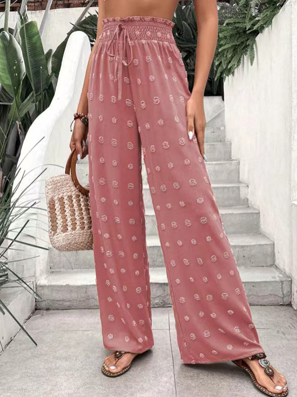 Drawstring Elasticity Jacquard Solid Color High Waisted Loose Trousers Pants
