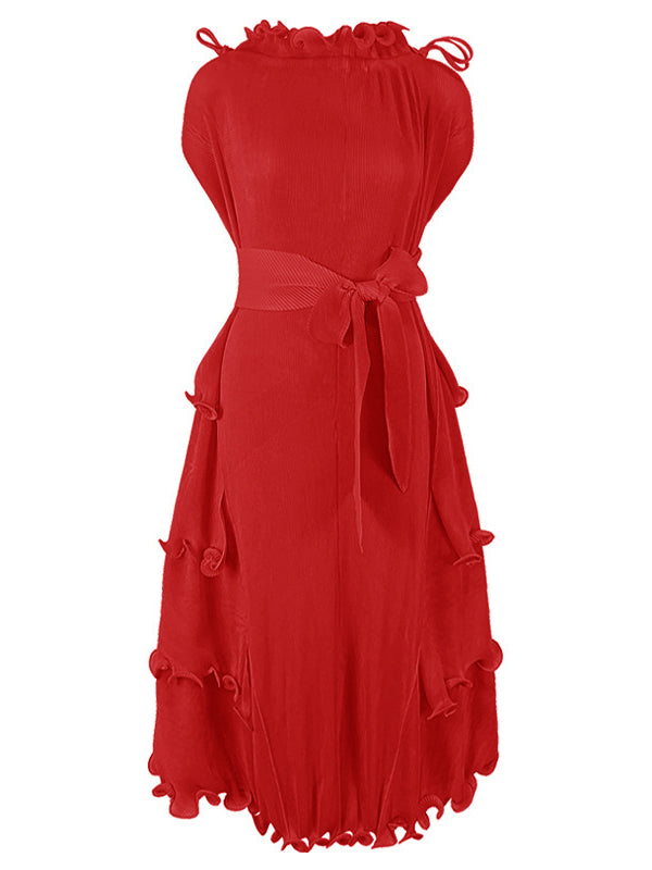 Bandage Lacy Solid Color Loose High-neck Midi Dresses