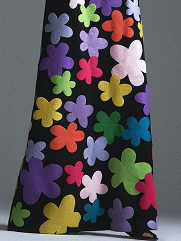 Asymmetric Floral Long Sleeves Round-Neck Maxi Dresses