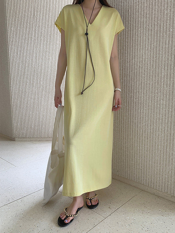 Solid Color Batwing Sleeves Loose V-neck Midi Dresses