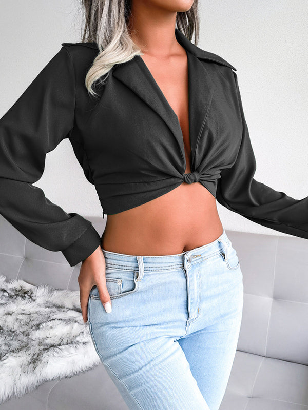 Knot Solid Color Split-Joint Long Sleeves Deep V-Neck Blouses&shirts Tops