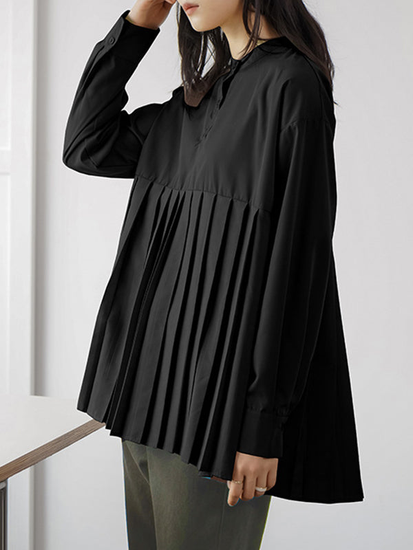 Buttoned Pleated Solid Color Long Sleeves Loose Round-Neck Blouses&Shirts Tops
