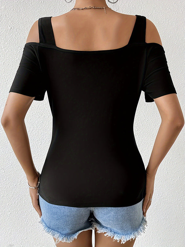 Hollow Rhine Stones Split-Joint Short Sleeves Cold Shoulder T-Shirts Tops