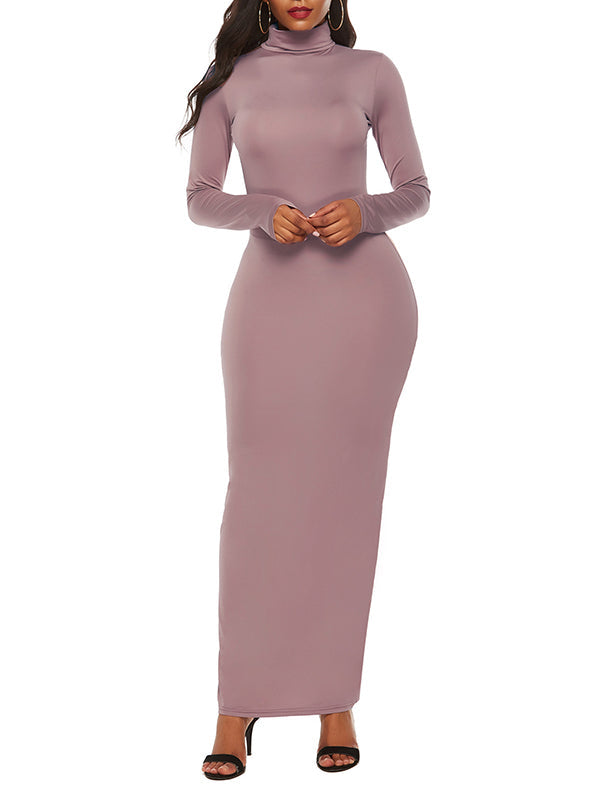 Solid Color Bodycon Long Sleeves High Neck Maxi Dresses