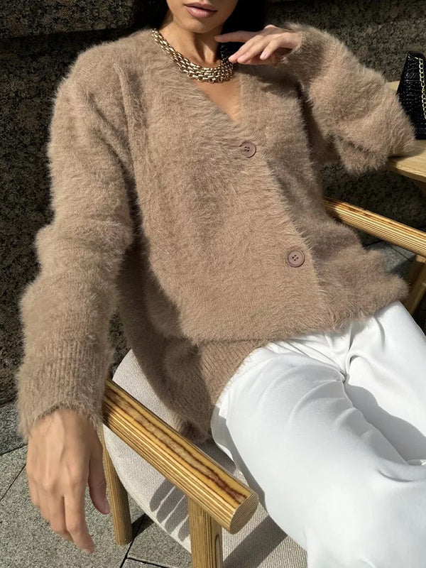 Buttoned Solid Color Long Sleeves Loose V-Neck Cardigan Tops