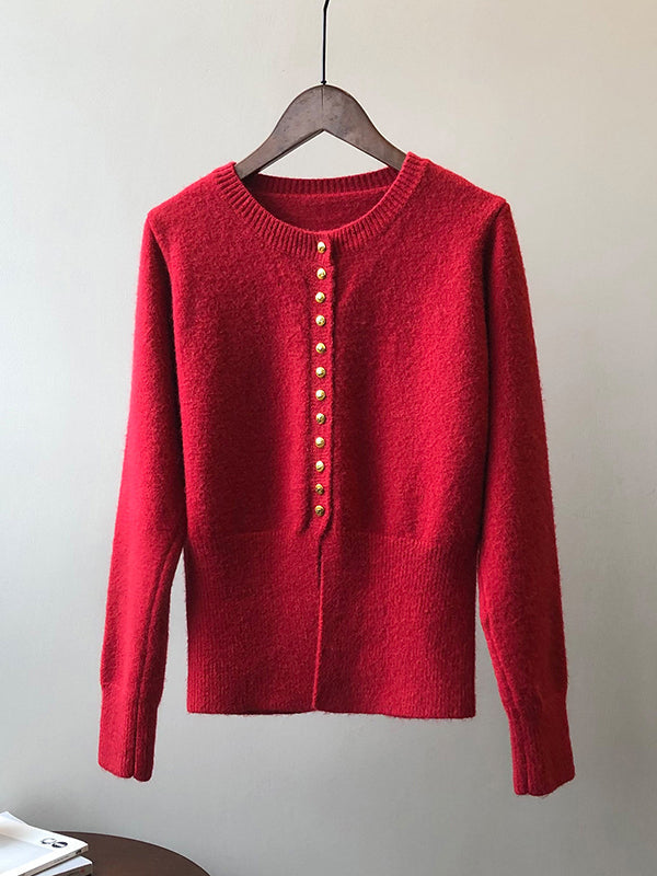 Elegant Long Sleeves Solid Color Round-Neck Cardigan Tops