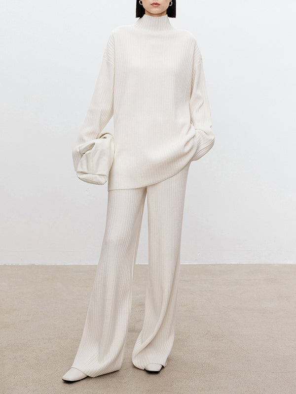 Solid Color Long Sleeves High-Neck Sweater Top + Wide Leg Pants Bottom Two Pieces Set