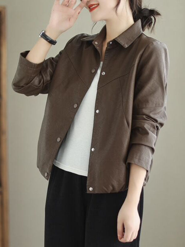 Buttoned Elasticity Pockets Solid Color Long Sleeves Loose Lapel Outerwear Jackets