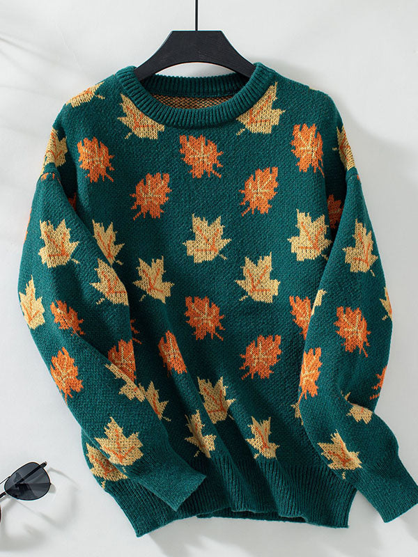 Contrast Color Jacquard Knitted Leaves Split-Joint Long Sleeves Loose Round-Neck Sweater Tops Pullovers
