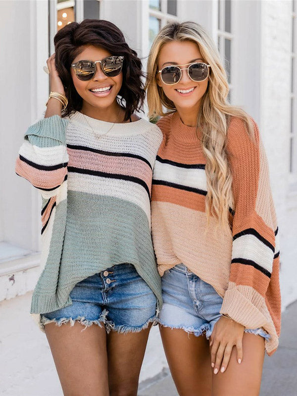 Casual Loose Contrast Color Striped Round-Neck Sweater Tops