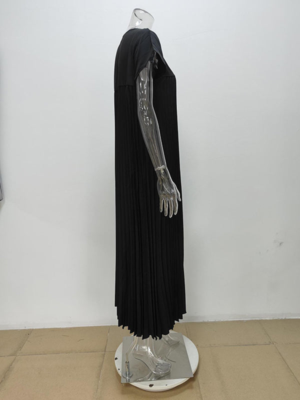 Pleated Pockets Solid Color Split-Joint A-Line High Waisted Round-Neck Maxi Dresses