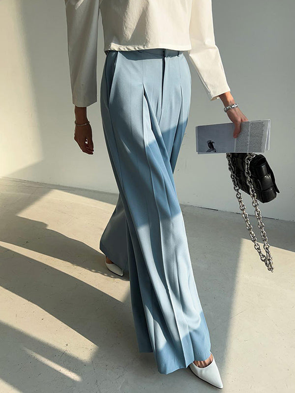 Pleated Solid Color High Waisted Wide Leg Trousers Casual Pants Bottoms