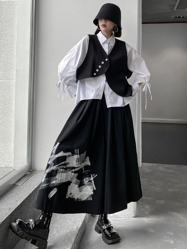 Original Loose Lace-Up Hollow Sleeve Blouse+Black Vest+Wide Leg Pants Culotte Three Pieces Set