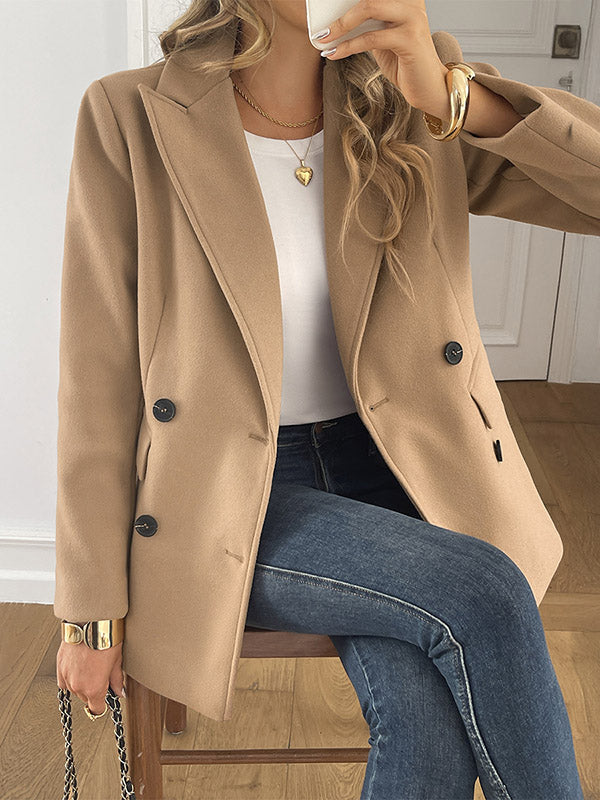 Buttoned Double-Breasted Solid Color Long Sleeves Loose Notched Collar Outerwear Jackets&Coats Blazer