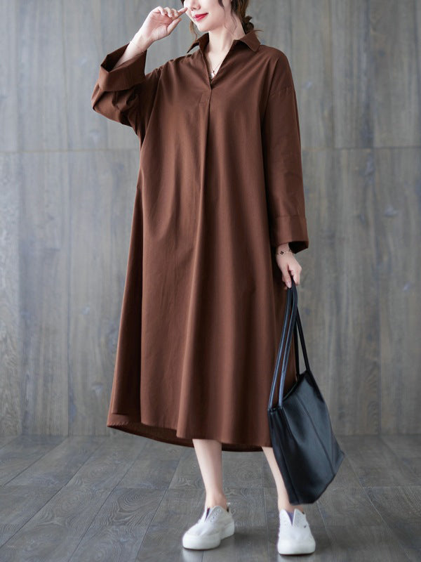 Buttoned Solid Color A-Line Long Sleeves Lapel Shirt Dress Midi Dresses