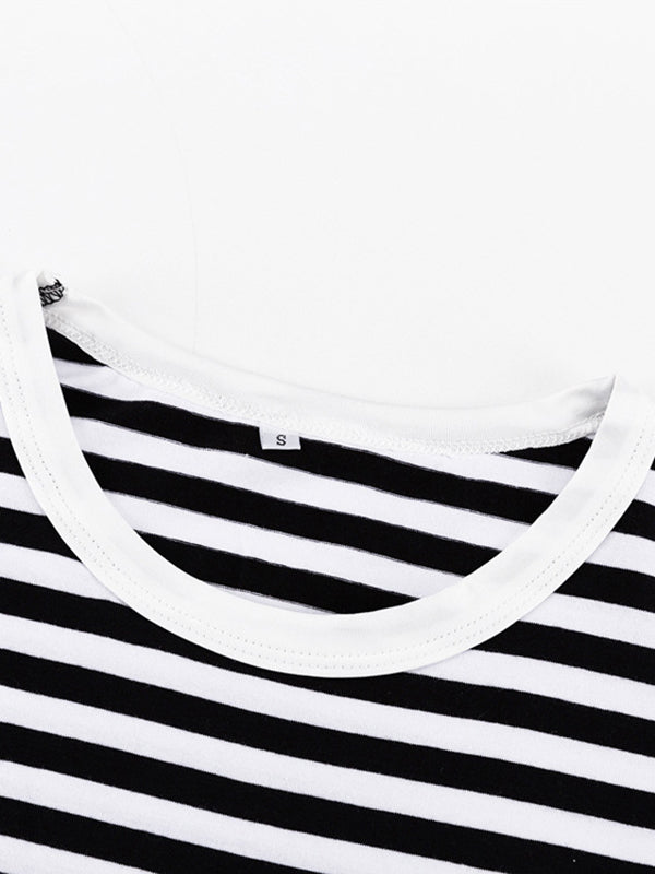 Contrast Color Hollow Striped Long Sleeves Loose Cold Shoulder T-Shirts