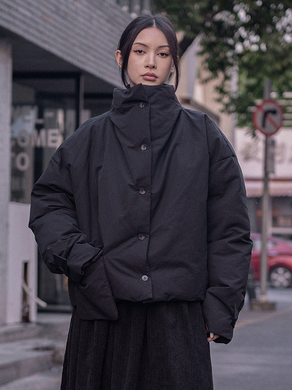 Urban Long Sleeves Buttoned Asymmetric Solid Color Stand Collar Padded Coat