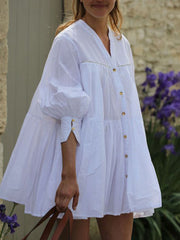 A-Line Long Sleeves Buttoned Pleated Solid Color V-Neck Mini Dresses Shirt Dress
