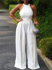 Chains Pleated Split-Joint High Waisted Sleeveless Round-Neck Jumpsuits