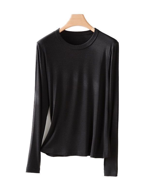 Solid Color Long Sleeves Round-neck Skinny T-Shirts Tops