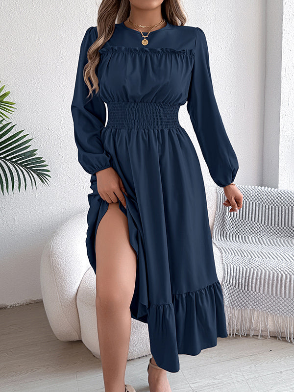 Pleated Solid Color A-Line Elasticated Waist Round-Neck Maxi Dresses