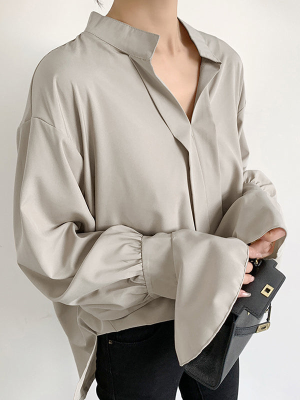 Buttoned Solid Color Split-Side Flared Sleeves High-Low V-Neck Blouses&Shirts Tops
