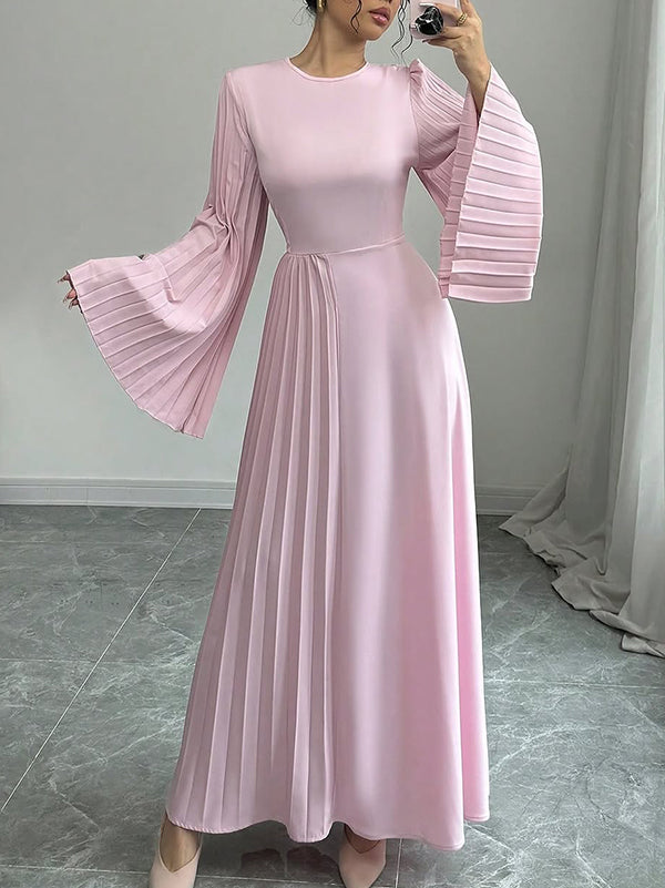 Pleated Solid Color Flared Sleeves Long Sleeves Round-Neck Maxi Dresses