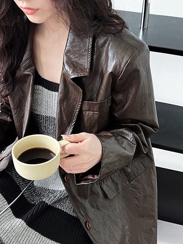 Buttoned Pockets Solid Color Long Sleeves Loose Notched Collar Outerwear