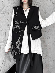 Asymmetric Buttoned Embroidered Sleeveless V-Neck Vest Top