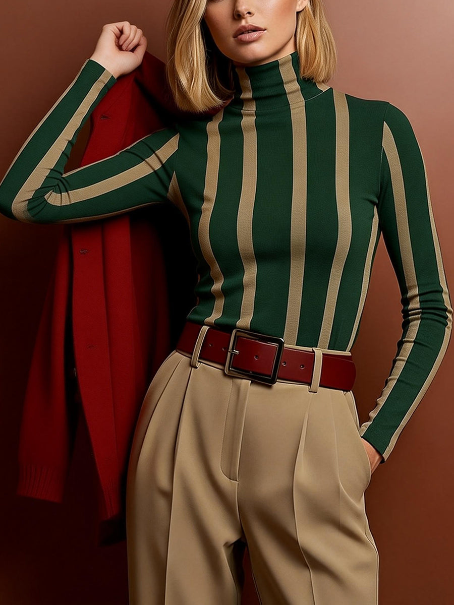 Contrast Color Split-Joint Striped Long Sleeves Skinny High Neck Blouses&Shirts Tops