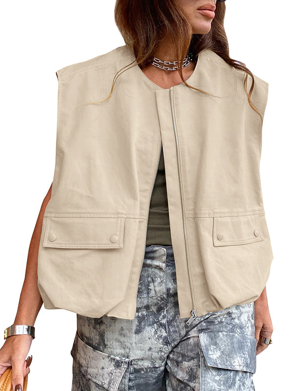 Pockets Split-Joint Zipper Loose Sleeveless Round-Neck Vest Outerwear