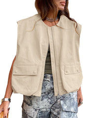 Pockets Split-Joint Zipper Loose Sleeveless Round-Neck Vest Outerwear