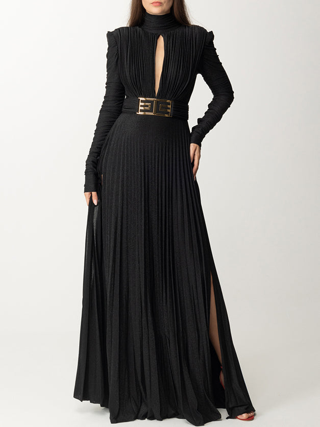 Long Sleeves Pleated Solid Color Split-Side V-Back High-Neck Evening Dresses Maxi Dresses