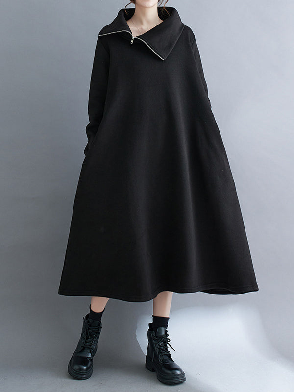 Asymmetric Solid Color Zipper A-Line Long Sleeves High Neck Midi Dresses