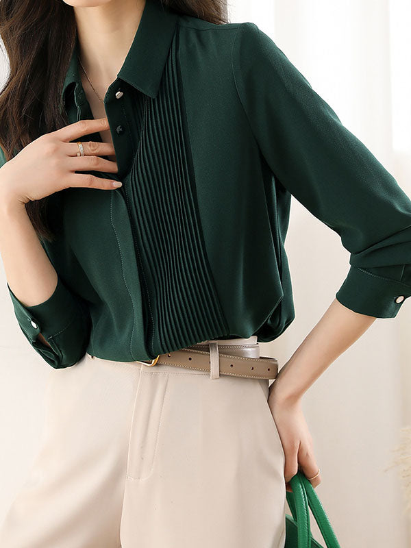 Buttoned Pleated Solid Color Long Sleeves Loose Lapel Blouses&Shirts Tops