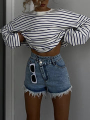 Split-Joint Split-Side Striped Long Sleeves Loose Round-Neck T-Shirts
