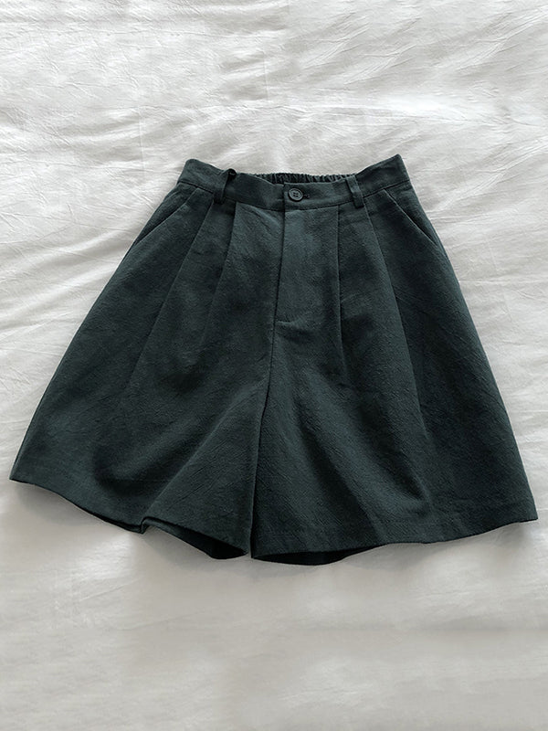 Elasticity Pleated Solid Color Loose Wide Leg Shorts