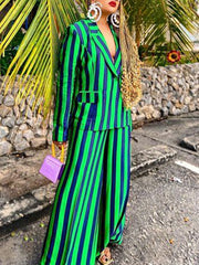 Contrast Color Split-Joint Striped Long Sleeves Loose Lapel Blazer