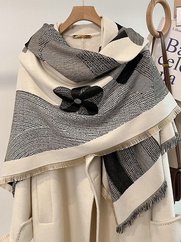 Contrast Color Fringed Keep Warm Printed Striped Shawl&Scarf