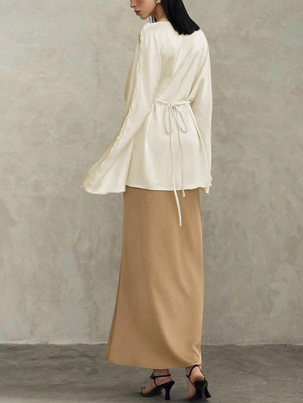 Solid Color Split-Joint Tied Flared Sleeves Long Sleeves Round-neck T-Shirts Tops