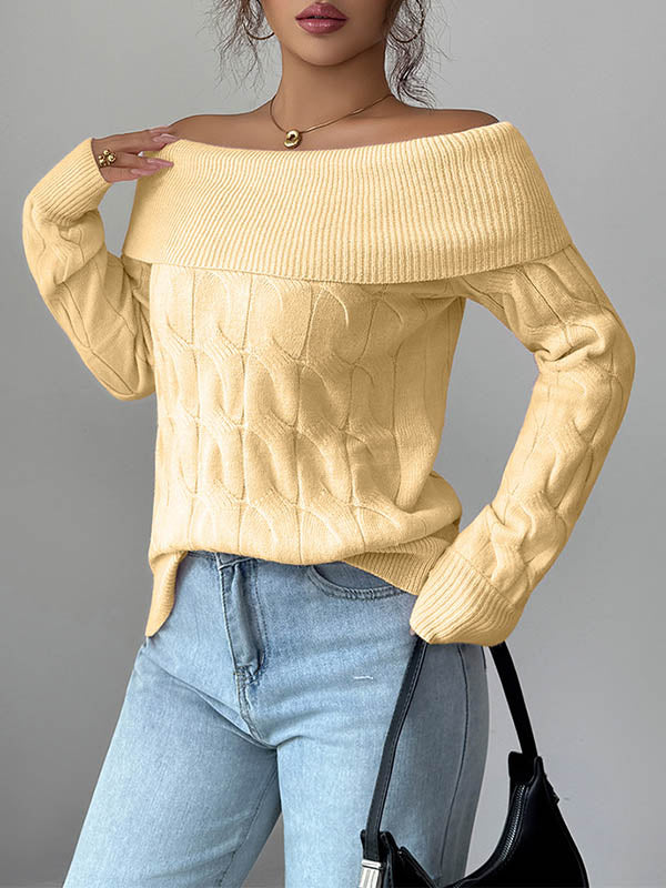 Solid Color Split-Joint Long Sleeves Off-The-Shoulder Sweater Tops Pullovers