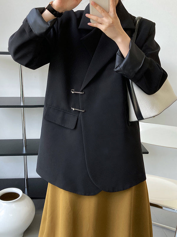 Urban Long Sleeves Loose Solid Color Pin Lapel Collar Suit Outerwear
