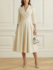 Big Hemline Pleated Solid Color Split-Joint A-Line Elasticated Waist Notched Collar Midi Dresses Blazer