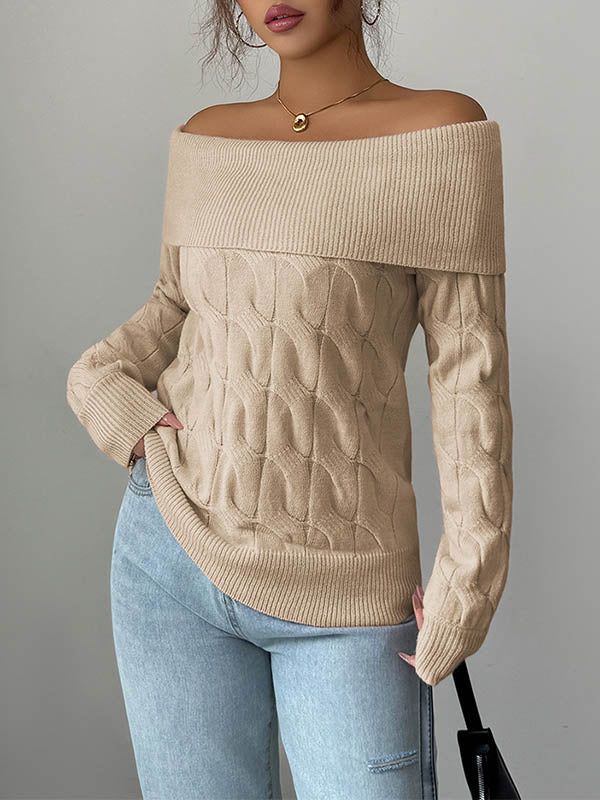 Solid Color Split-Joint Long Sleeves Off-The-Shoulder Sweater Tops Pullovers