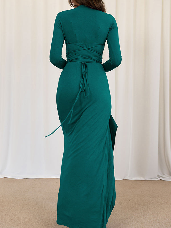 Asymmetric Pleated Ruffled Solid Color Split-Joint Bodycon High Waisted Round-Neck Maxi Dresses